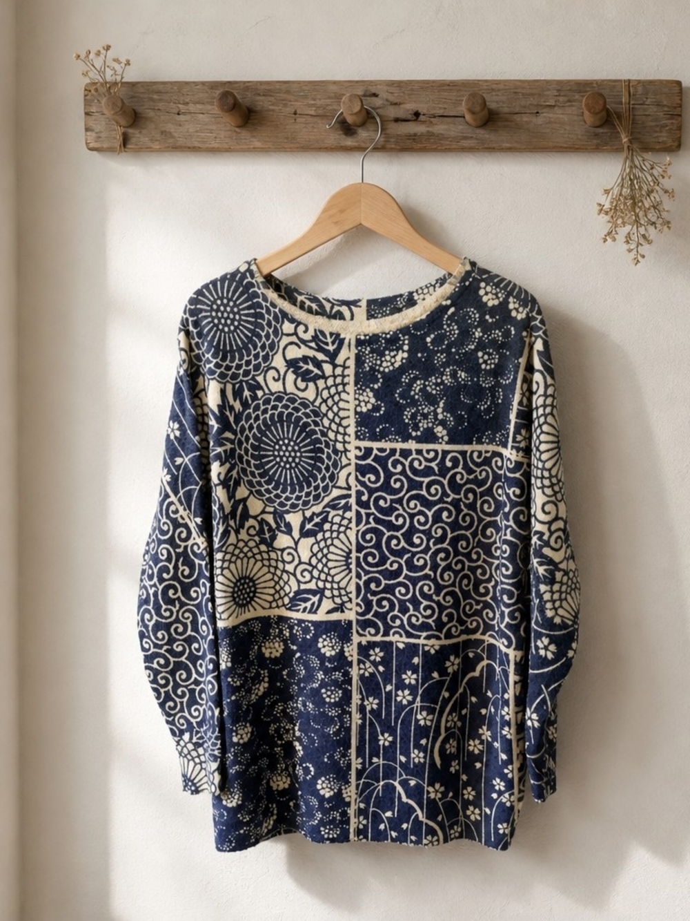 Women's Blue Cream Patchwork Print Knit Sweater Cotton Rayon Estimated Plus Size